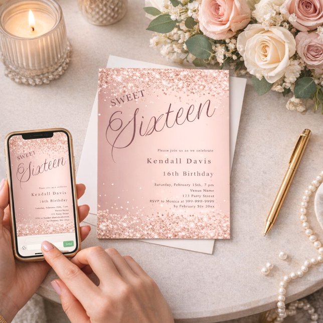 Rose gold script modern Sweet 16 Invitation (Creator Uploaded)