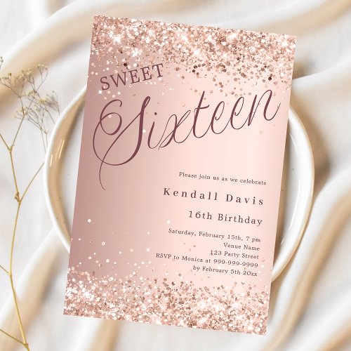 Rose gold script modern Sweet 16 Invitation
