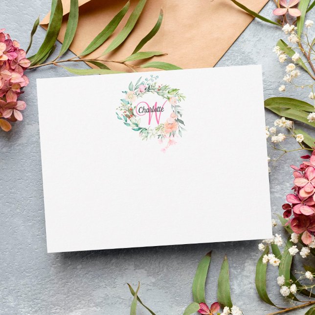 Rose Gold Script Monogram Floral Note Card (Creator Uploaded)