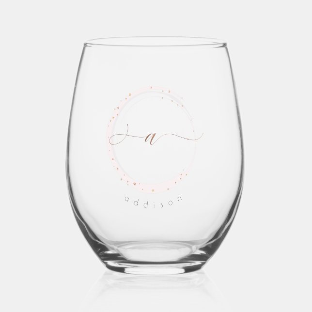 Rose Gold Script Monogram Letter A Stemless Wine Glass (Front)
