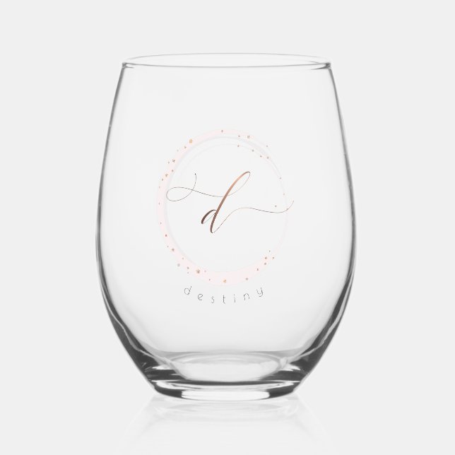 Rose Gold Script Monogram Letter D Stemless Wine Glass (Front)