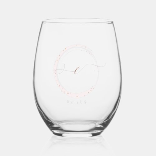 Rose Gold Script Monogram Letter E Stemless Wine Glass