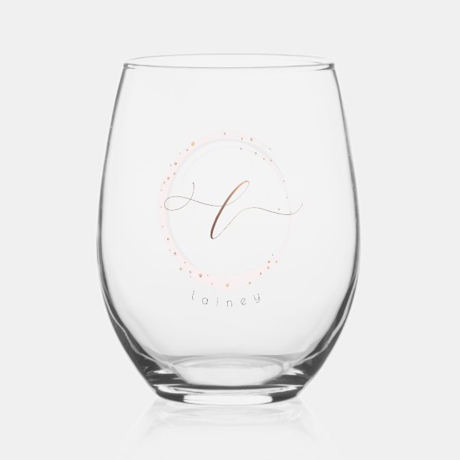 Rose Gold Script Monogram Letter L Stemless Wine Glass (Front)