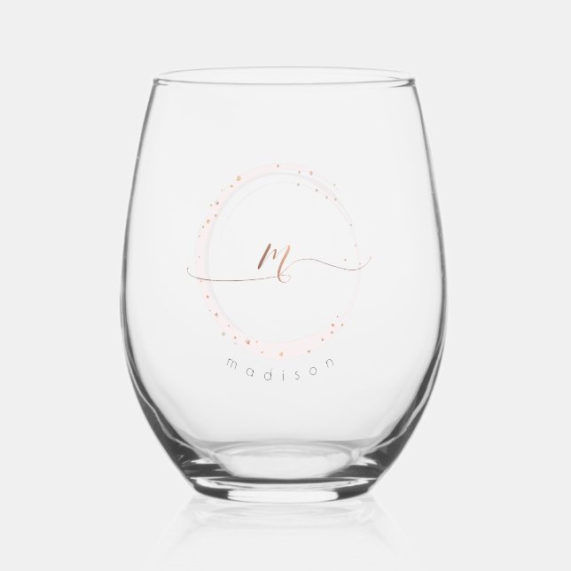 Rose Gold Script Monogram Letter M Stemless Wine Glass (Front)