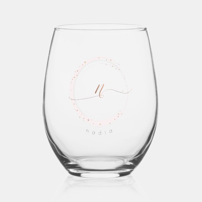 Rose Gold Script Monogram Letter N Stemless Wine Glass (Front)