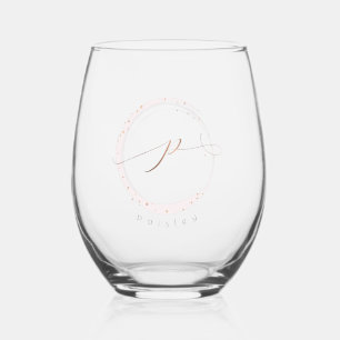 Rose Gold Script Monogram Letter P Stemless Wine Glass