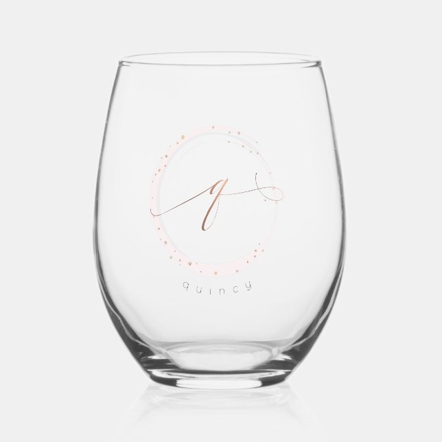 Rose Gold Script Monogram Letter Q Stemless Wine Glass (Front)