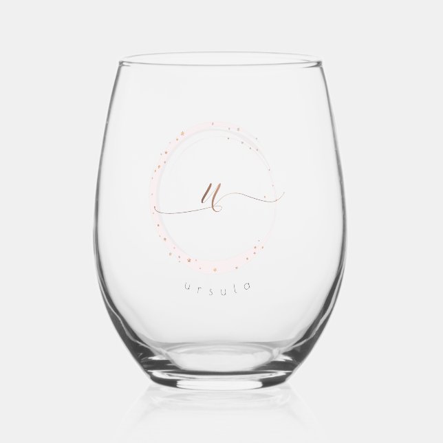Rose Gold Script Monogram Letter U Stemless Wine Glass (Front)