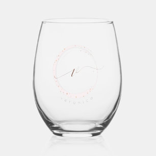 Rose Gold Script Monogram Letter V Stemless Wine Glass