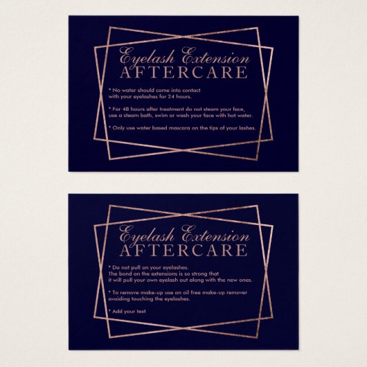 Rose gold script navy blue eyelash aftercare (Front & Back)