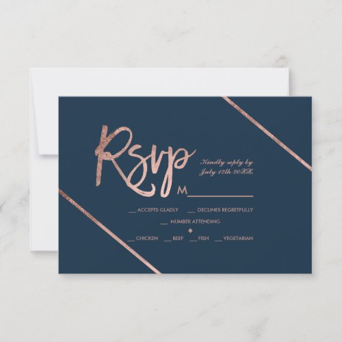 Rose gold script navy blue rsvp wedding