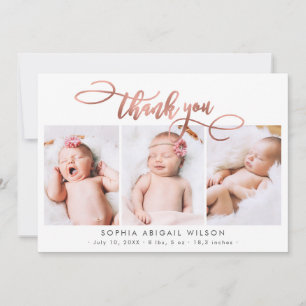 Rose Gold Script Newborn 3 Baby Photo Thank You