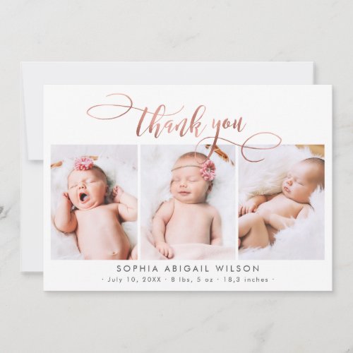 Rose Gold Script Newborn 3 Baby Photo Thank You