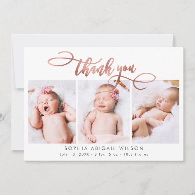 Rose Gold Script Newborn 3 Baby Photo Thank You Card (Front)
