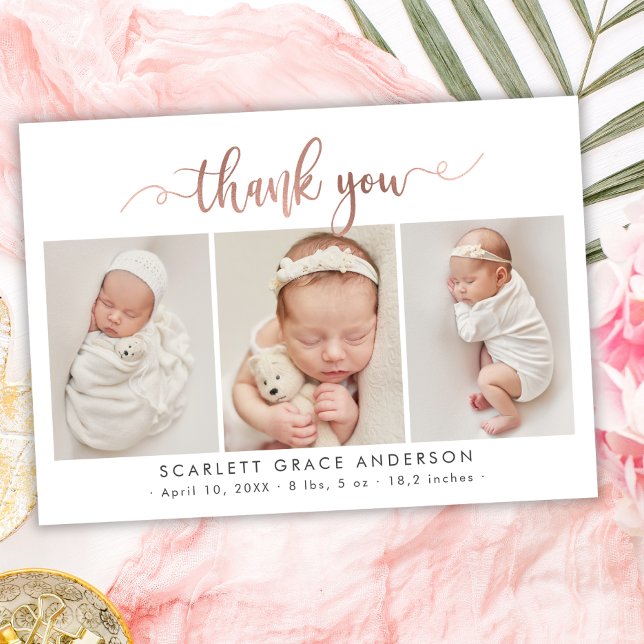 Rose Gold Script Newborn 3 Photo Collage Thank You (Creator Uploaded)