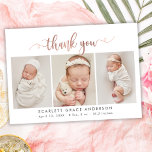 Rose Gold Script Newborn 3 Photo Collage Thank You Card<br><div class="desc">Modern Elegant Chic Rose Gold Script 3 Photo Collage Newborn Baby Thank You Birth Announcement Card. Features a pretty "thank you" text in a handwritten calligraphy swirly swash tail font in blush pink rose gold FAUX foil script on white background. Pre-made personal message and birth statistics with baby's name are...</div>
