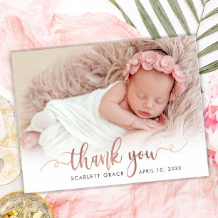 Rose Gold Script Newborn Baby Photo Thank You Card