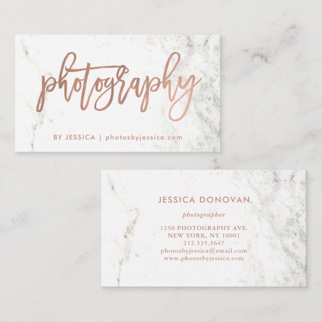 Rose Gold Script on White Marble | Photography Business Card (Front/Back)