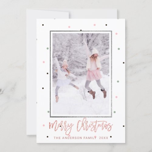 Rose Gold Script  Pastel Snow Christmas Photo Holiday Card