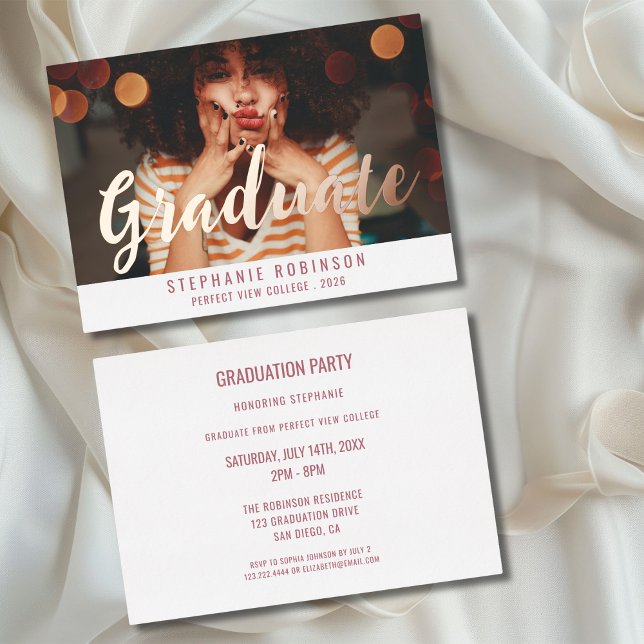 Rose Gold Script Photo Graduation Party Foil Invitation (Creator Uploaded)
