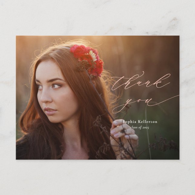 Rose Gold Script Photo Graduation Thank You Postcard (Front)