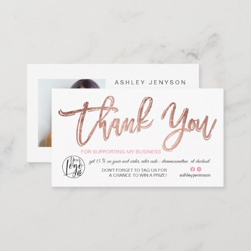 Rose gold script photo logo order thank you business card