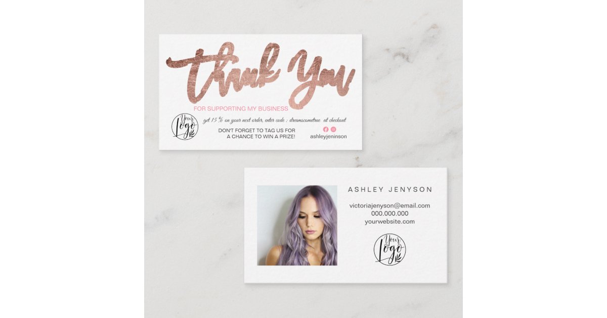 Rose gold script photo logo order thank you business card | Zazzle