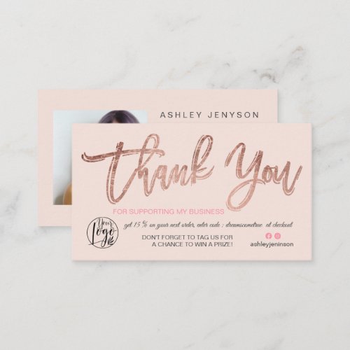 Rose gold script photo logo pink order thank you business card