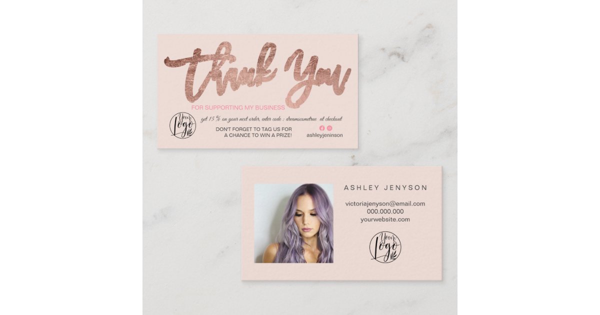 Rose gold script photo logo pink order thank you business card | Zazzle