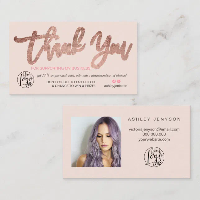 Rose gold script photo logo pink order thank you business card | Zazzle