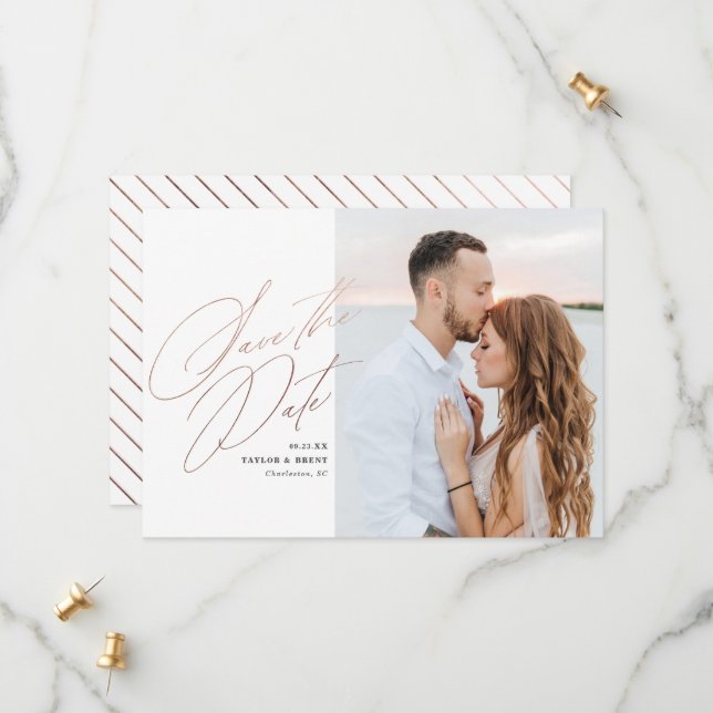 Rose Gold Script Photo Save the Date Faux Foil (Front/Back In Situ)