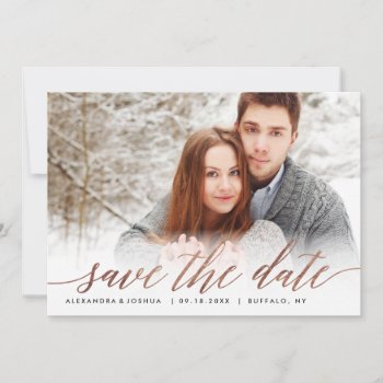Rose Gold Script Photo Save The Date In Faux Foil by BanterandCharm at Zazzle