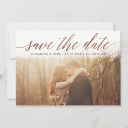 Rose Gold Script Photo Save the Date in Faux Foil