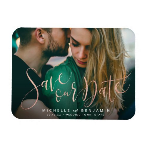 Rose gold script photo wedding save the date  magnet