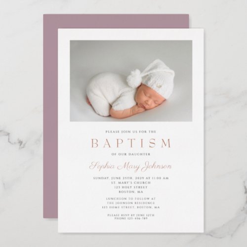 Rose Gold Script Purple Photo Girl Baptism Foil Invitation