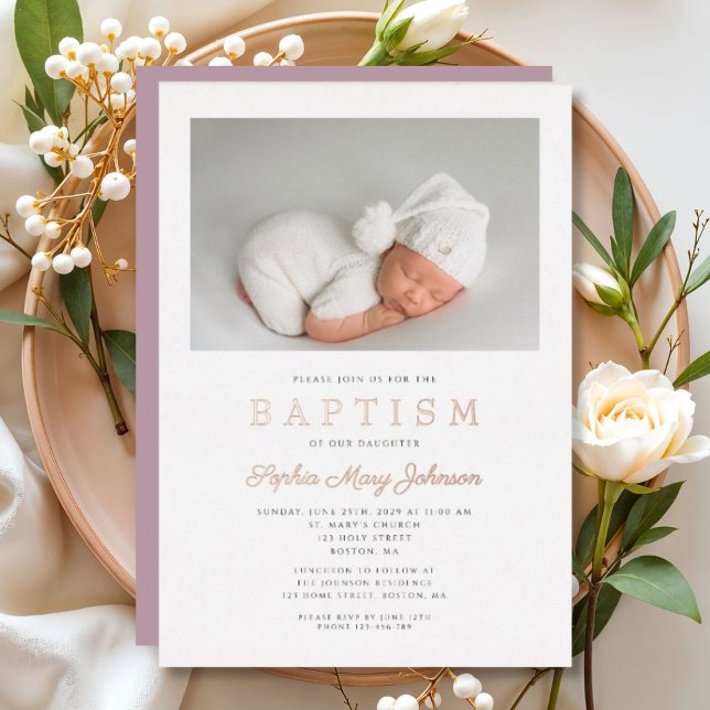 Rose Gold Script Purple Photo Girl Baptism Foil Invitation (Rose Gold Script Purple Photo Girl Baptism Foil Invitation)