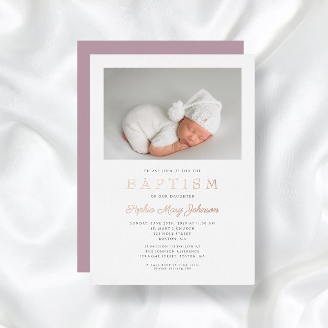 Rose Gold Script Purple Photo Girl Baptism Foil Invitation (Rose Gold Script Purple Photo Girl Baptism Foil Invitation)