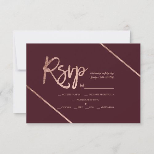 Rose gold script red burgundy rsvp wedding