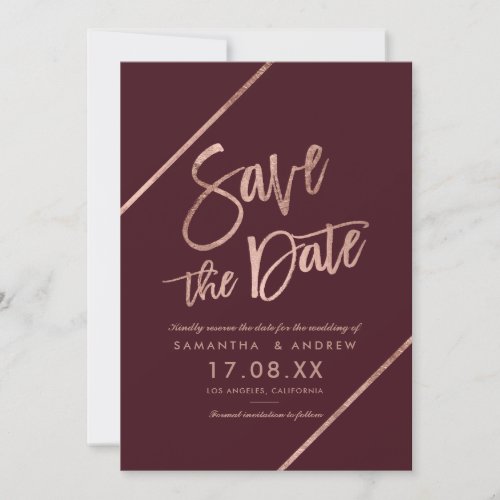 Rose gold script red burgundy save the date