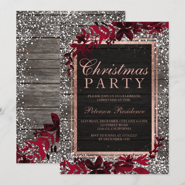 Rose gold script red leaf snow wood Christmas Invitation (Front/Back)