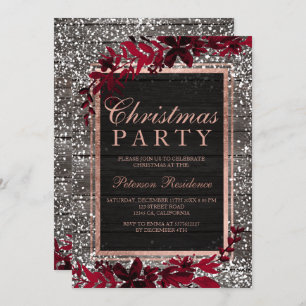 Rose gold script red leaf snow wood Christmas Invitation