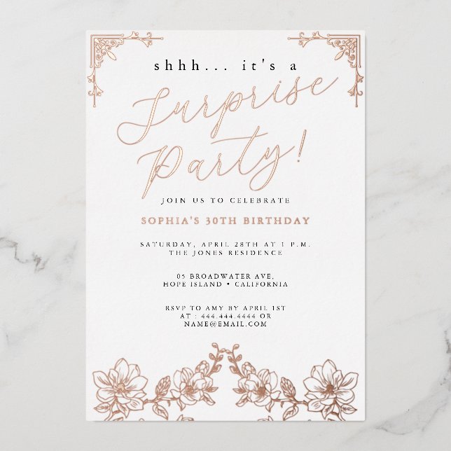 Rose Gold Script Rose Surprise Party Foil Foil Invitation (Front)