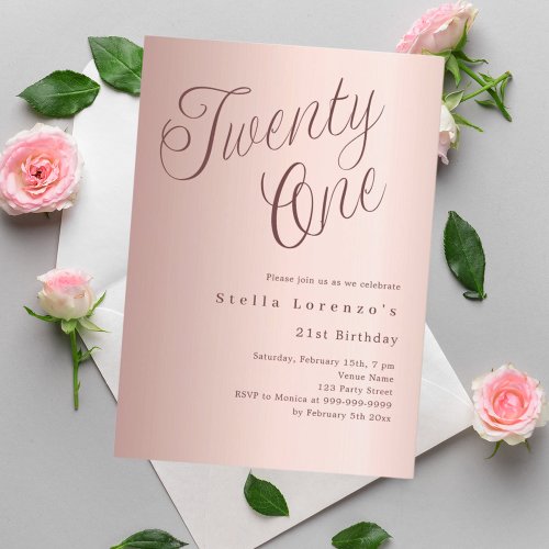 Rose gold script simple 21st birthday invitation