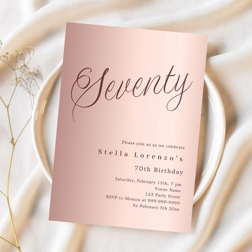 Rose gold script simple 70th birthday invitation