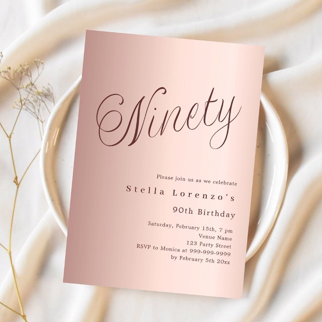 Rose gold script simple 90th birthday invitation (Creator Uploaded)