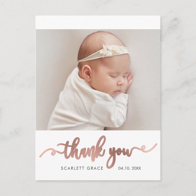 Rose Gold Script Simple Baby Photo Thank You Postcard (Front)