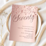 Rose gold script stars 70th birthday luxury invitation<br><div class="desc">A modern,  stylish invitation for a 70th birthday party.  Rose gold gradient background and the word Seventy written with elegant large script letters in dark rose gold. Decorated with rose gold colored stars. Personalize and add a name and party details.</div>