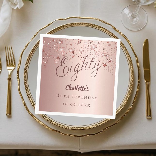 Rose gold script stars 80th birthday napkins (Creator Uploaded)