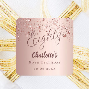 Rose gold script stars 80th birthday square sticker