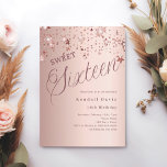 Rose gold script stars modern Sweet 16 Invitation<br><div class="desc">A modern Sweet 16 invitation. Rose gold gradient background and the word Sixteen written with large letters. Decorated with stars. Personalize and add a name and party details.</div>